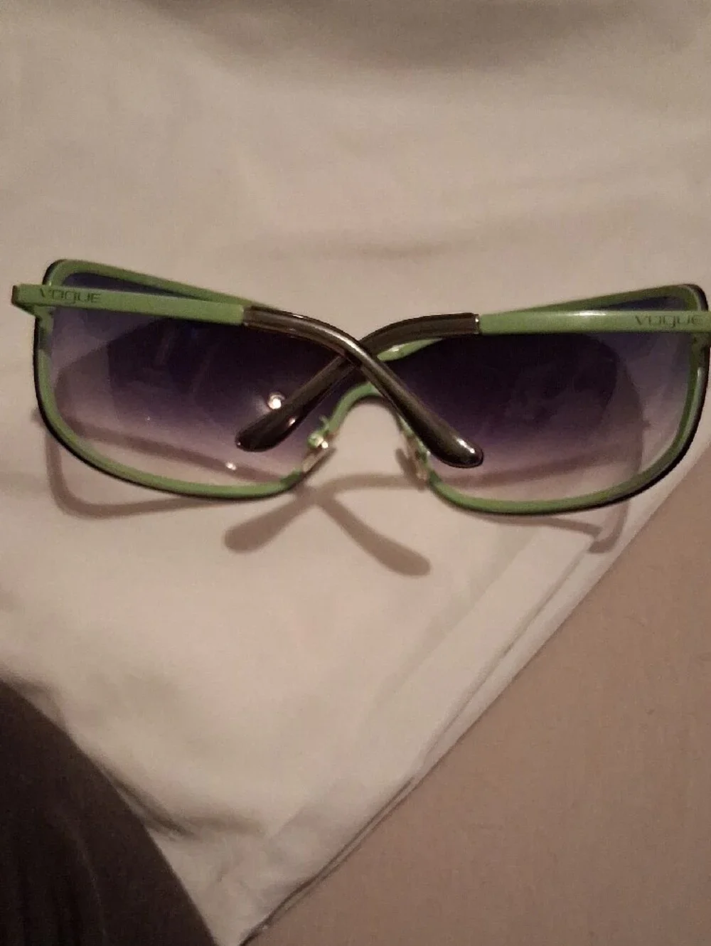 Vogue Oversized Shield Sunglasses with Green Trim and Crystal Studs